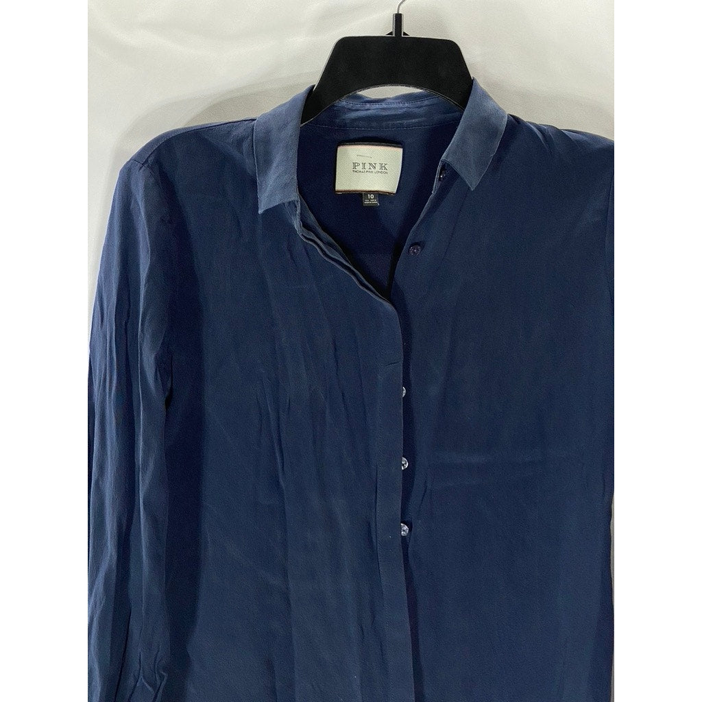 PINK THOMAS PINK LONDON Women’s Navy Silk Button-Up Long Sleeve Top SZ 10 (US6)