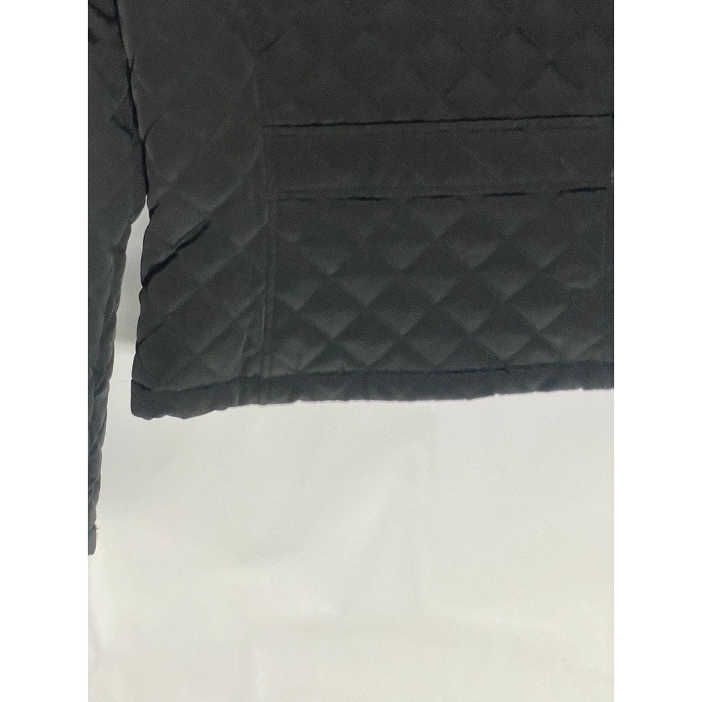 CALVIN KLEIN Women's Black Diamond Quilted Zip-Up Faux-Fur Hood Jacket SZ M