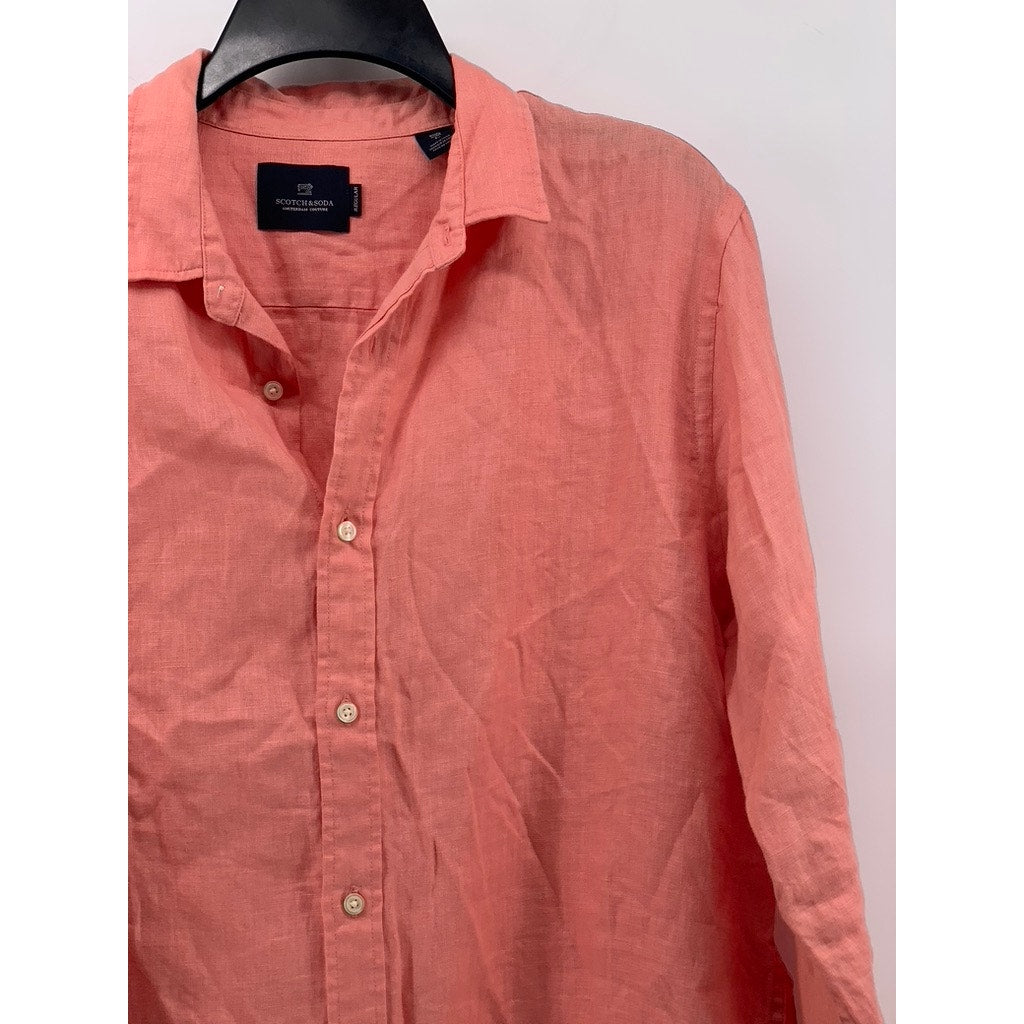 SCOTCH & SODA Men's Coral Linen Regular Fit Button-Up Shirt SZ L