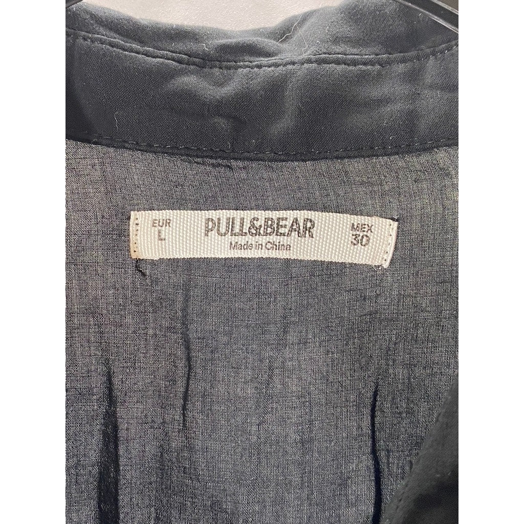 PULL & BEAR Women's Black Relaxed-Fit Button-Up Short Sleeve Cropped Top SZ L