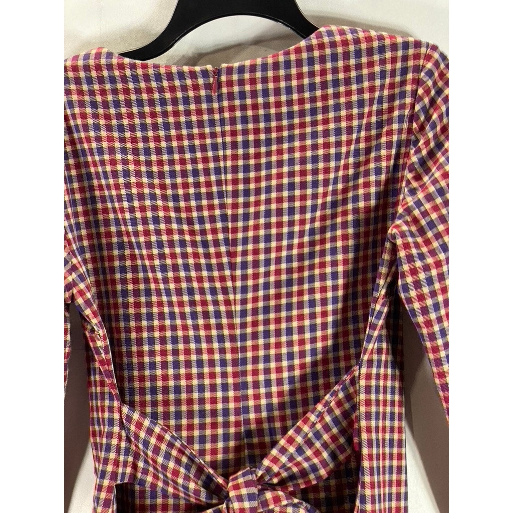 MARIELLA ROSATI Women's Red Mini Check Scoop-Neck Tie-Waist 3/4 Sleeve Dress SZM