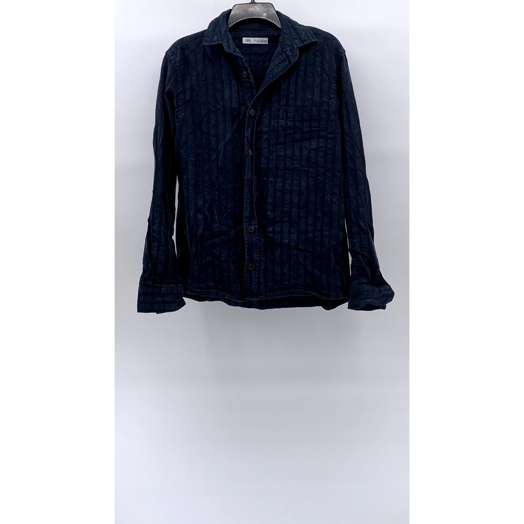 ZARA Men's Blue Wide Striped Regular-Fit Button-Up Long Sleeve Shirt SZ S