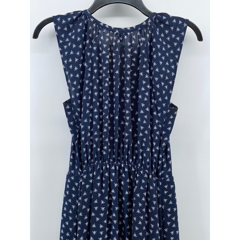 J.CREW MERCANTILE Women's Blue-White Printed Split-Neck Midi A-Line Dress SZ XXS
