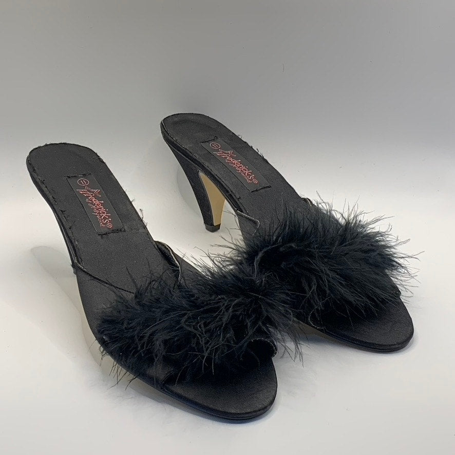 FREDERICK'S OF HOLLYWOOD Women's Black Peep-Toe Feather Slip-On 1980's Heel SZ11