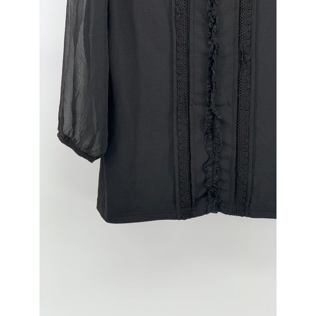 TOPVALU Women's Black Scoop-Neck Lace-Trim Sheer Long Sleeve Top SZ M