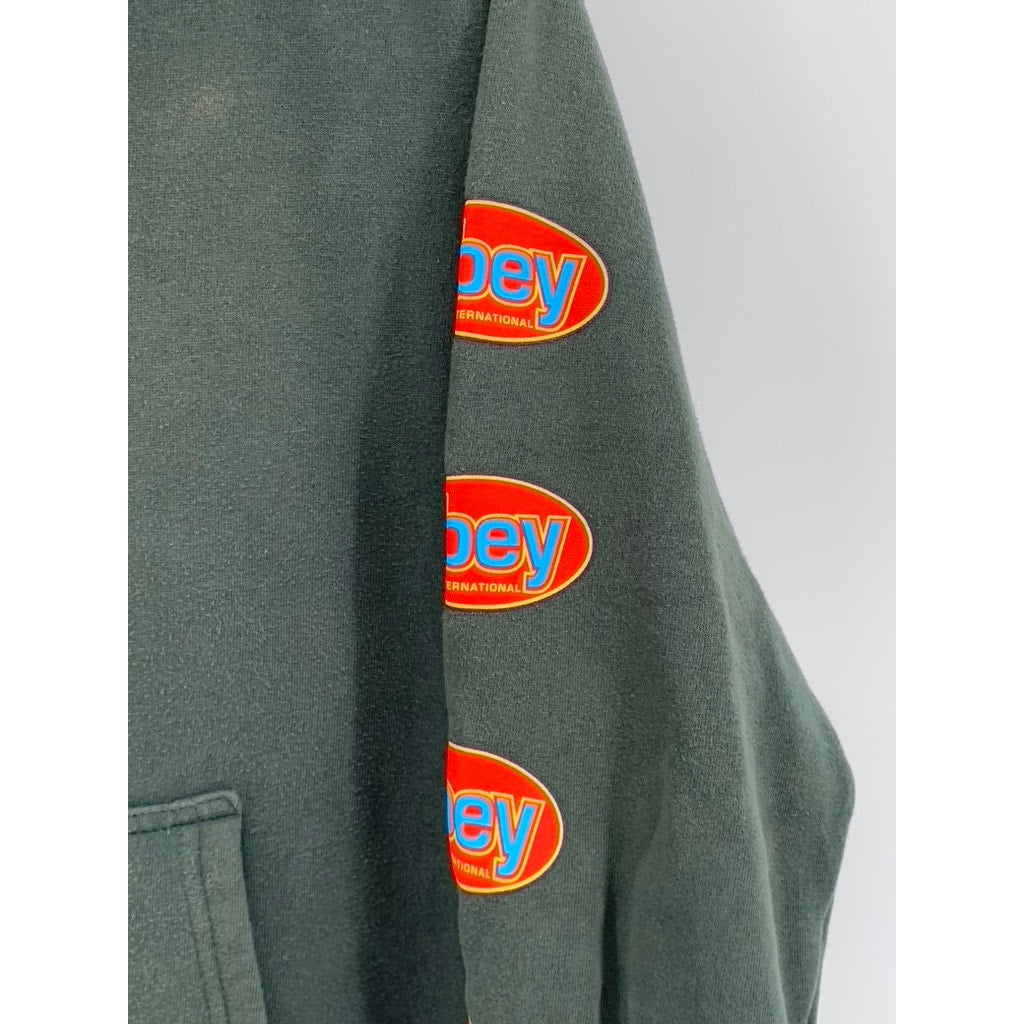 OBEY Women's Green Round Logo Distressed Pullover Hoodie SZ M