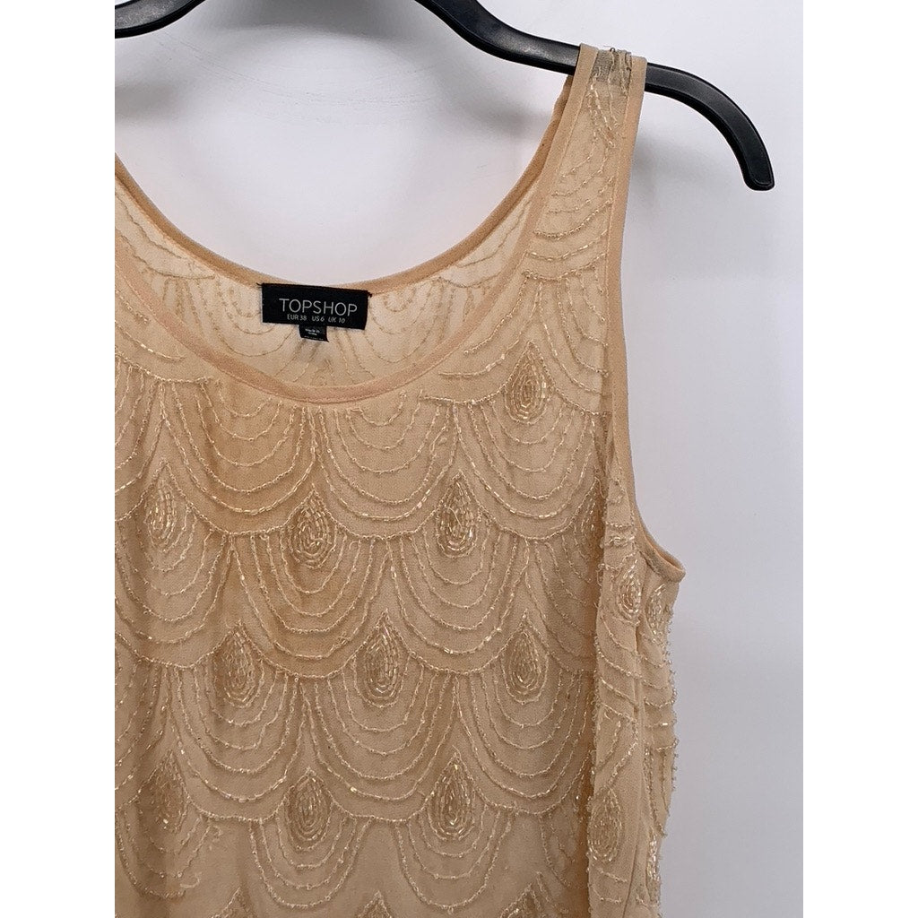 TOPSHOP Women's Beige Beaded Scoop-Neck Sheer Sleeveless Top SZ 6