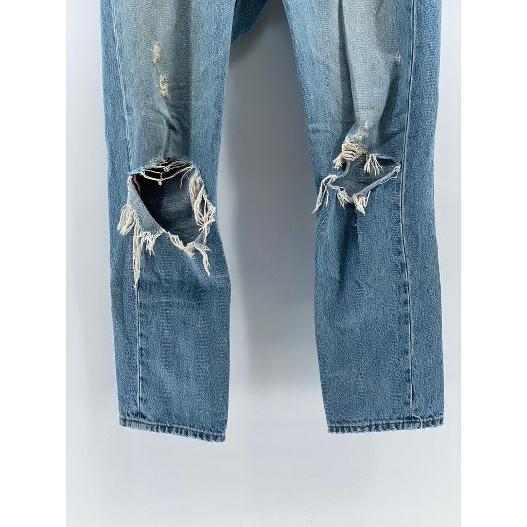 LEVI'S Men's Medium Blue Denim 501 Distressed Slim-Leg Button-Fly Jeans SZ 26x28