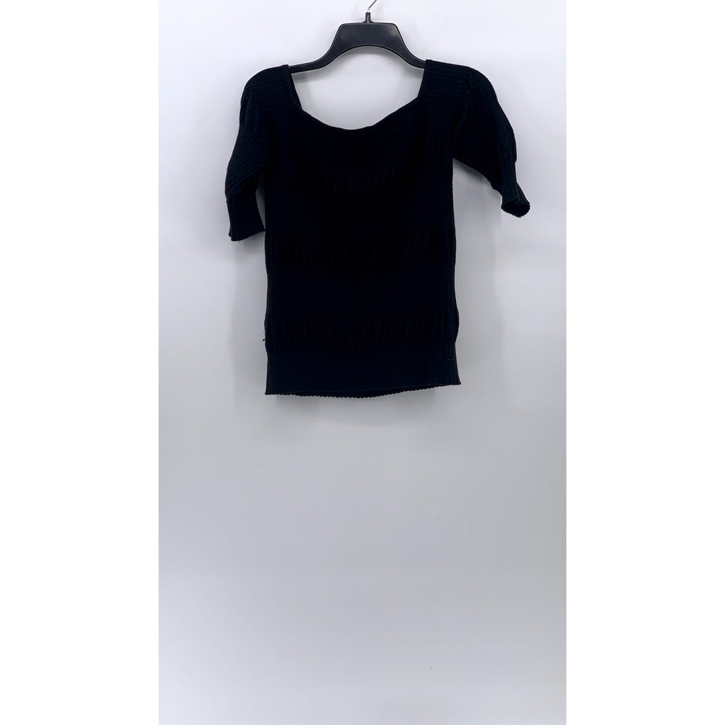 CLUB MONACO Women's Black Ribbed Boatneck Short Elbow Sleeve Top SZ S