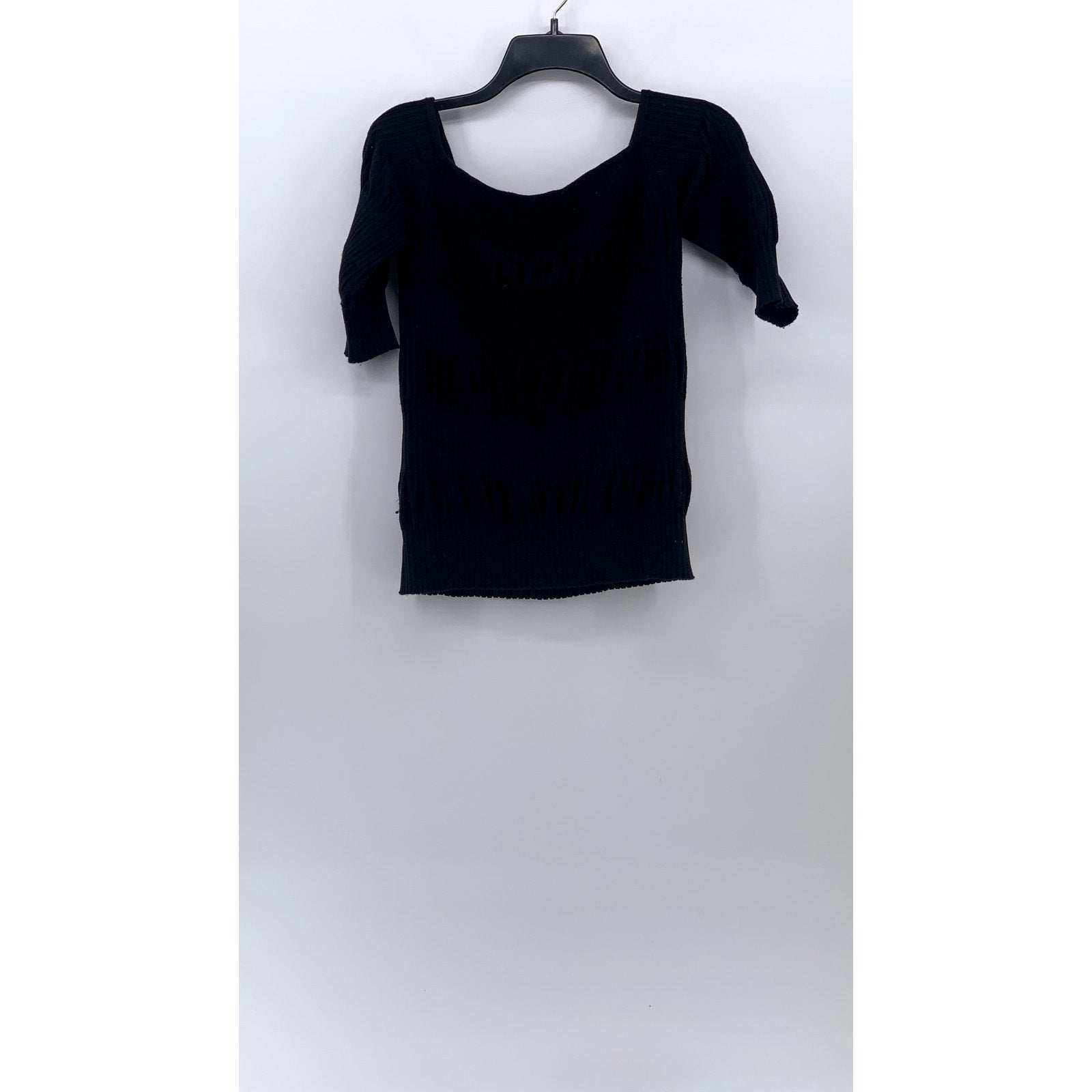 CLUB MONACO Women's Black Ribbed Boatneck Short Elbow Sleeve Top SZ S
