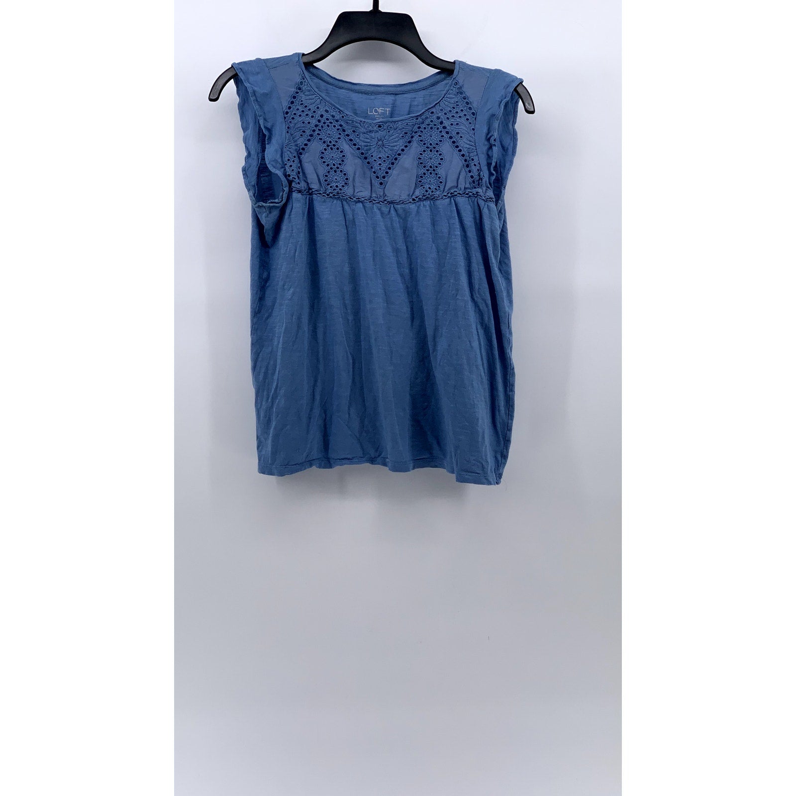 LOFT OUTLET Women's Petite Blue Eyelet Floral Scoop-Neck Short Sleeve Top SZ SP