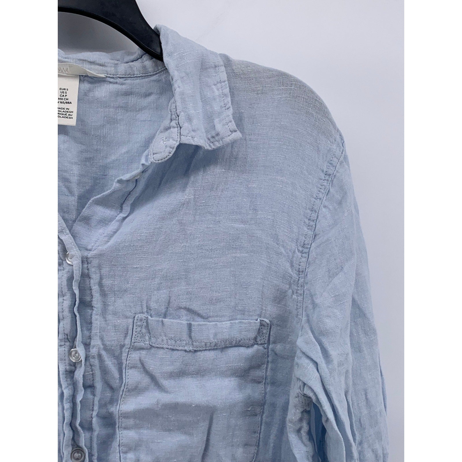 H&M Women’s Light Blue Linen Button-Up Regular-Fit Long Sleeve Top SZ S