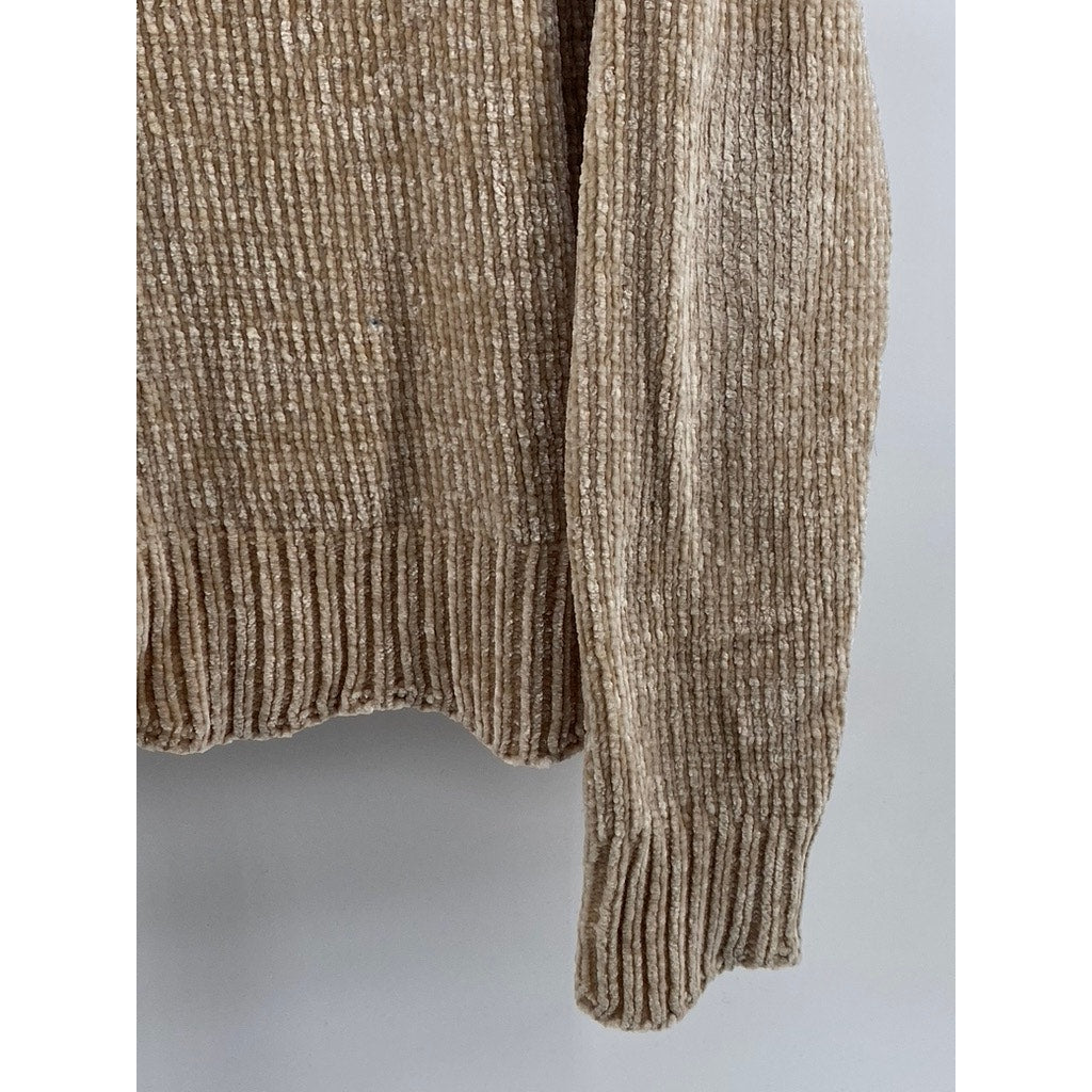 AQUA Women's Tan Ribbed Crewneck Soft Knit Pullover Sweater SZ M