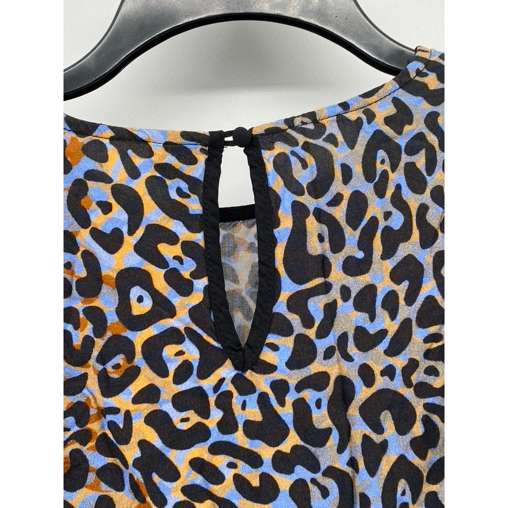 BLANK LONDON Women's Black-Blue-Orange Leopard Print Ruffle Long Sleeve Top SZ L