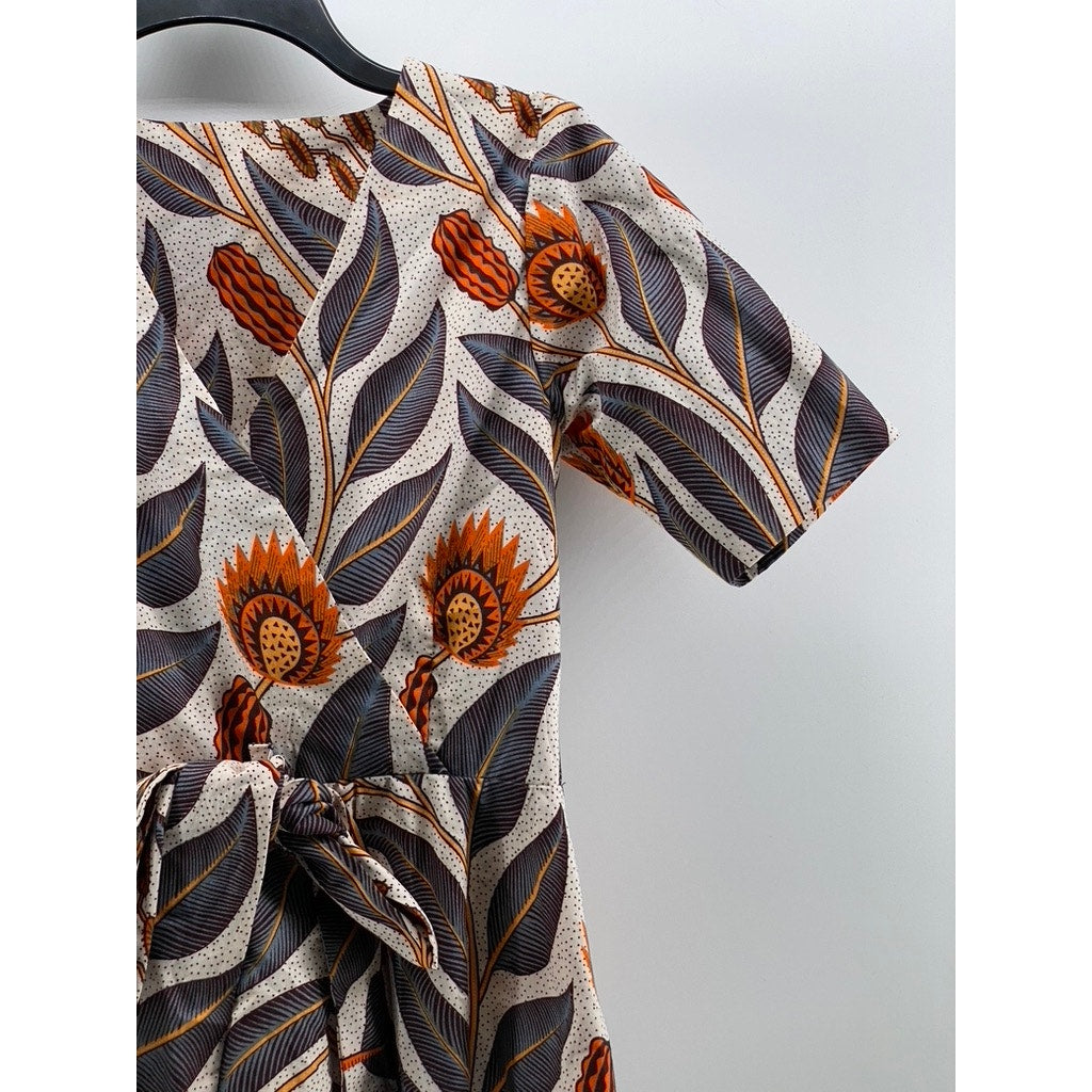 UNBRANDED Women's Brown Floral Print V-Neck Faux-Wrap Short Sleeve Top SZ S
