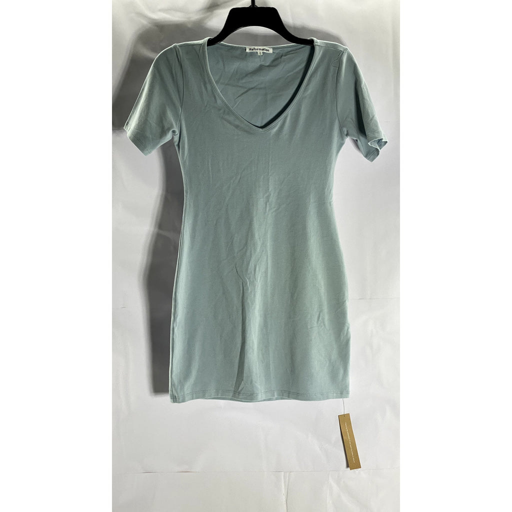 REFORMATION Women's Light Blue V-Neck Short Sleeve Knit Mini Dress SZ S