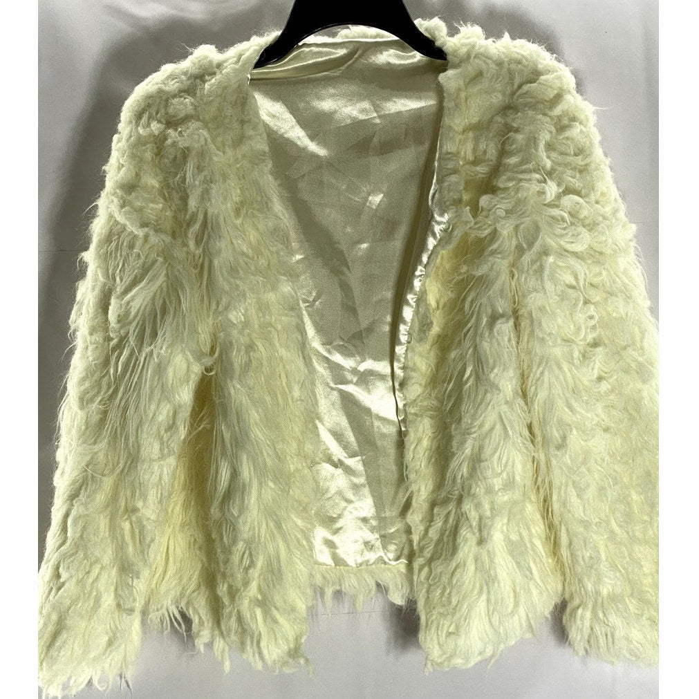 CHICWISH Women's Cream Faux-Fur Satin Lined Glam Jacket SZ S