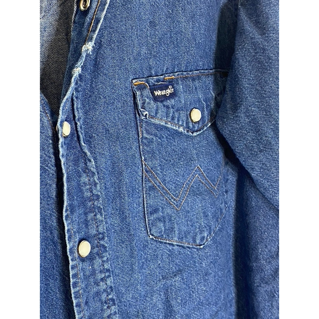 WRANGLER Men's Dark Blue Denim Regular-Fit Distressed Button-Up Shirt SZ 15.5 33