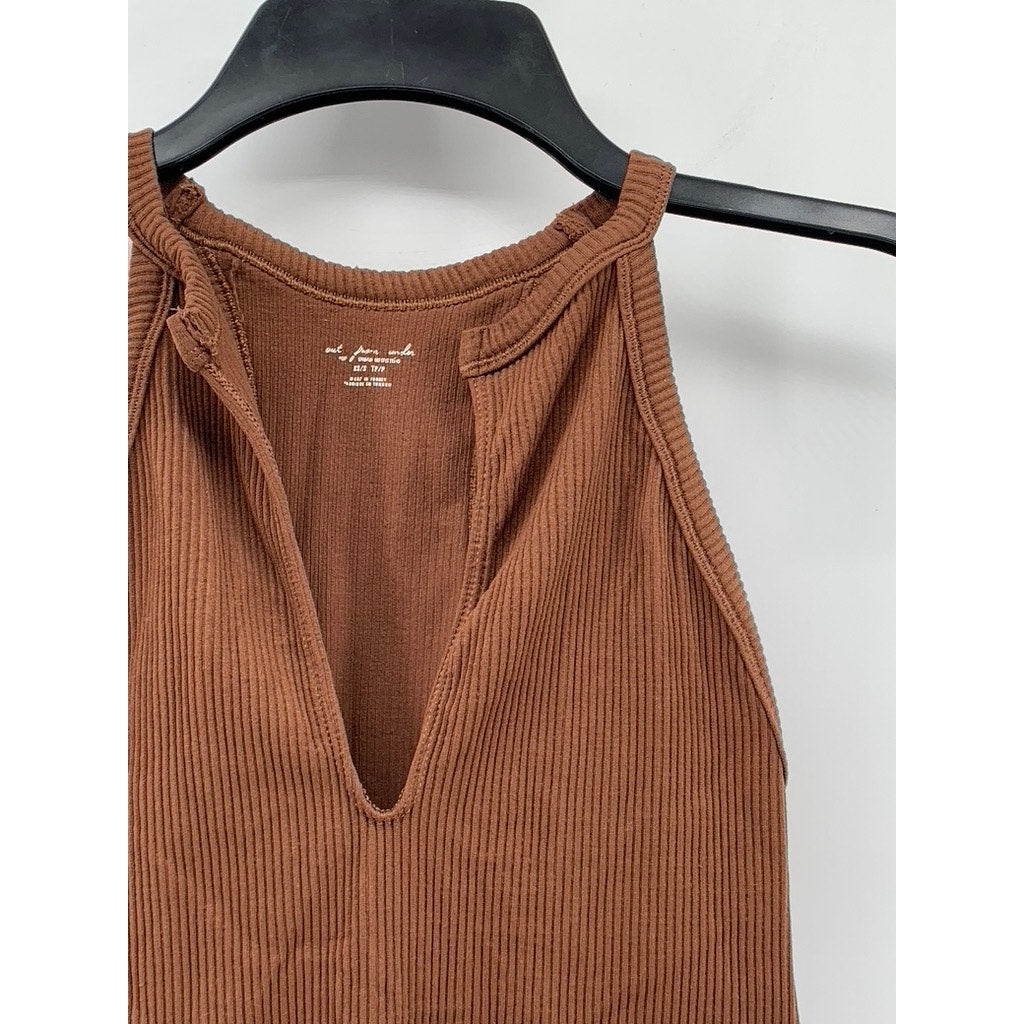 OUT FROM UNDER Women's Brown Ribbed Split Neck Sleeveless Thong Bodysuit SZ XS/S
