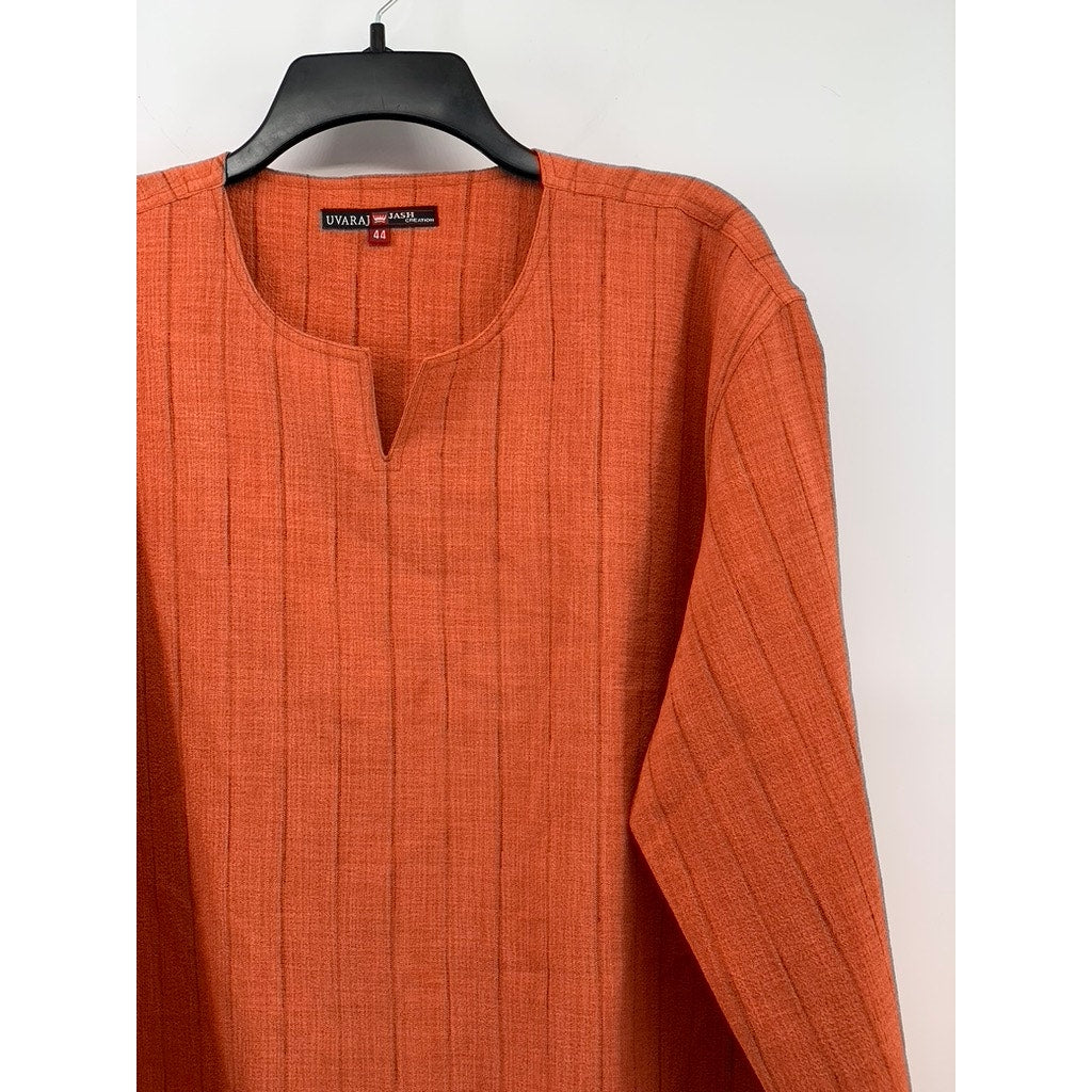 UVARAJ Jash Creation Men's Orange Stripe Split-Neck Long Sleeve Shirt SZ 44(L)