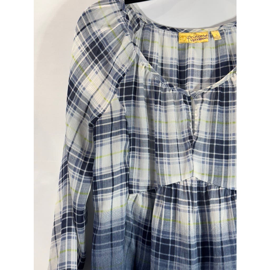 PRINCESS VERA WANG Women's Blue/White Ombre Plaid Tie-Cuff Long Sleeve Top SZ S