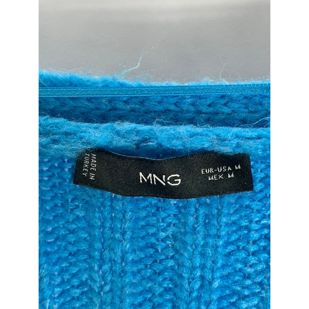 MANGO Women's Blue Ribbed V-Neck Button-Up Oversized Long Sleeve Cardigan SZ M