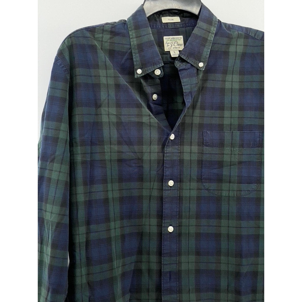J.CREW Men's Navy Blue-Green Plaid Slim-Fit Button-Up Long Sleeve Shirt SZ L