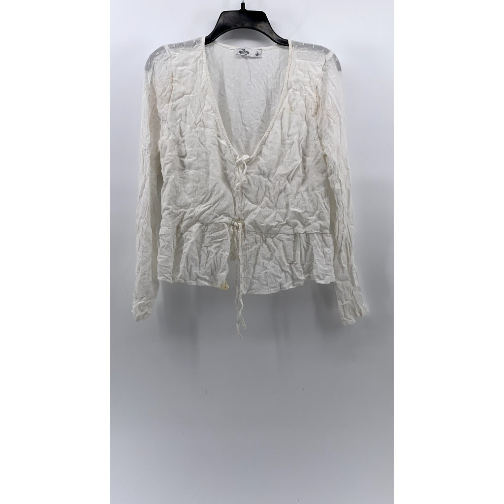 HOLLISTER CO Women's White Swiss Dot Long Sleeve Tie-Front V-Neck Top SZ L