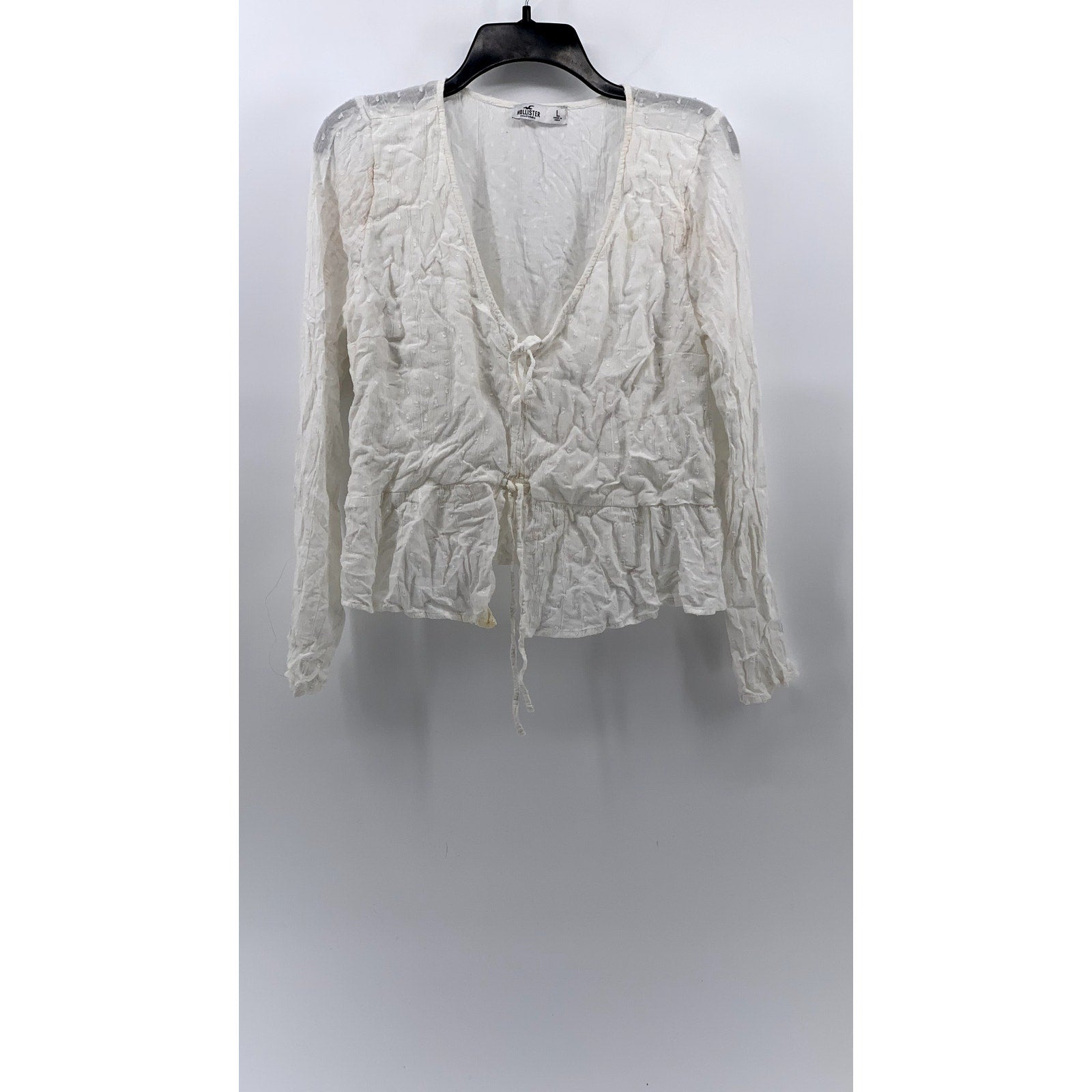 HOLLISTER CO Women's White Swiss Dot Long Sleeve Tie-Front V-Neck Top SZ L