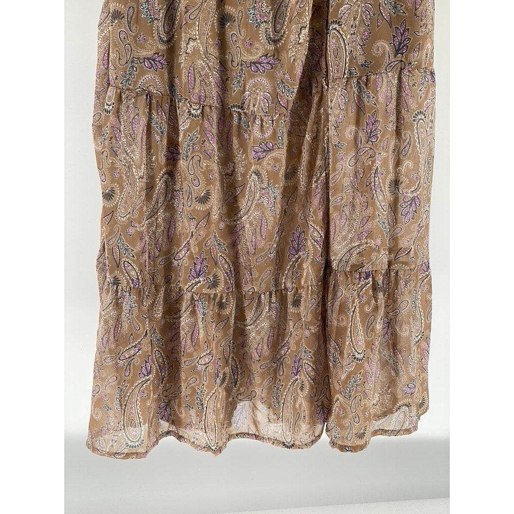 ELAN Women’s Tan Paisley Printed Long Sleeve Ruffle Trim Wrap Midi Dress SZ S