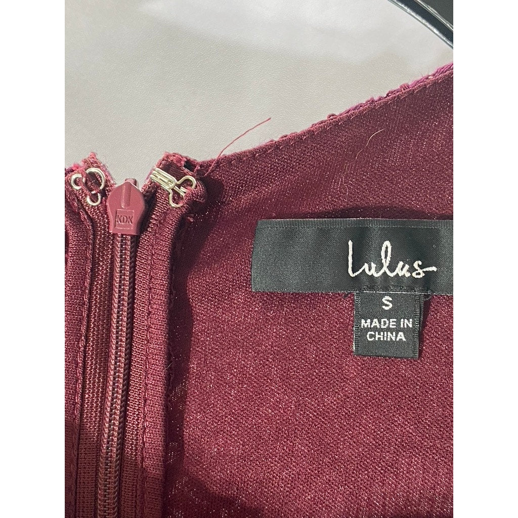 LULUS Women’s Burgundy Crewneck Take Me To Lunch Lace Short Sleeve Dress SZ S