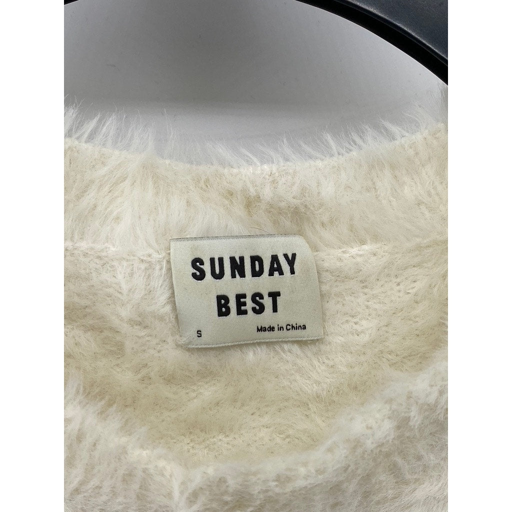 SUNDAY BEST Women's Cream Crewneck Riley Kitten Fuzzy Long Sleeve Sweater SZ S