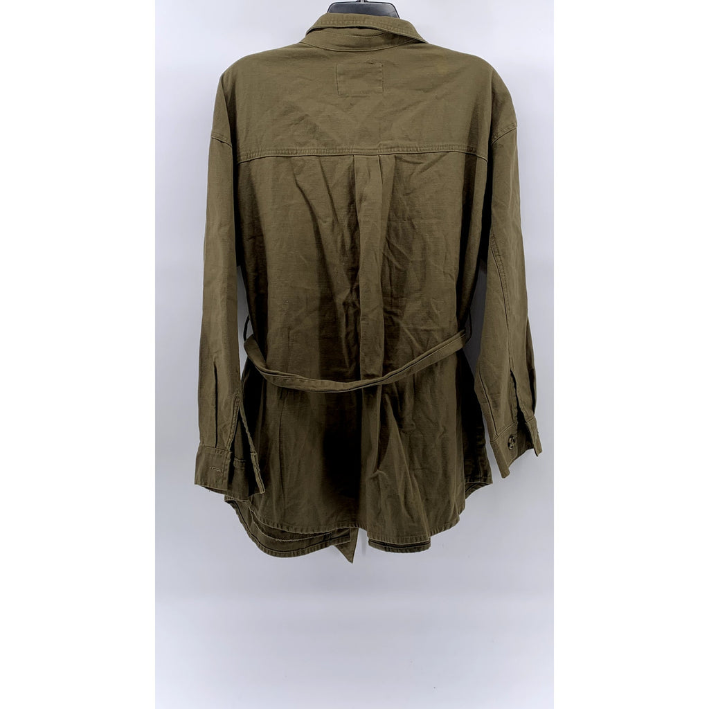 FOREVER 21 Women's Army Green Button-Up Belted Trench Coat SZ L