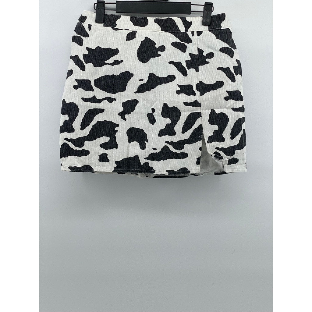 LE LIS Women's Black-White Animal-Print Denim Split-Hem Straight Mini Skirt SZ M