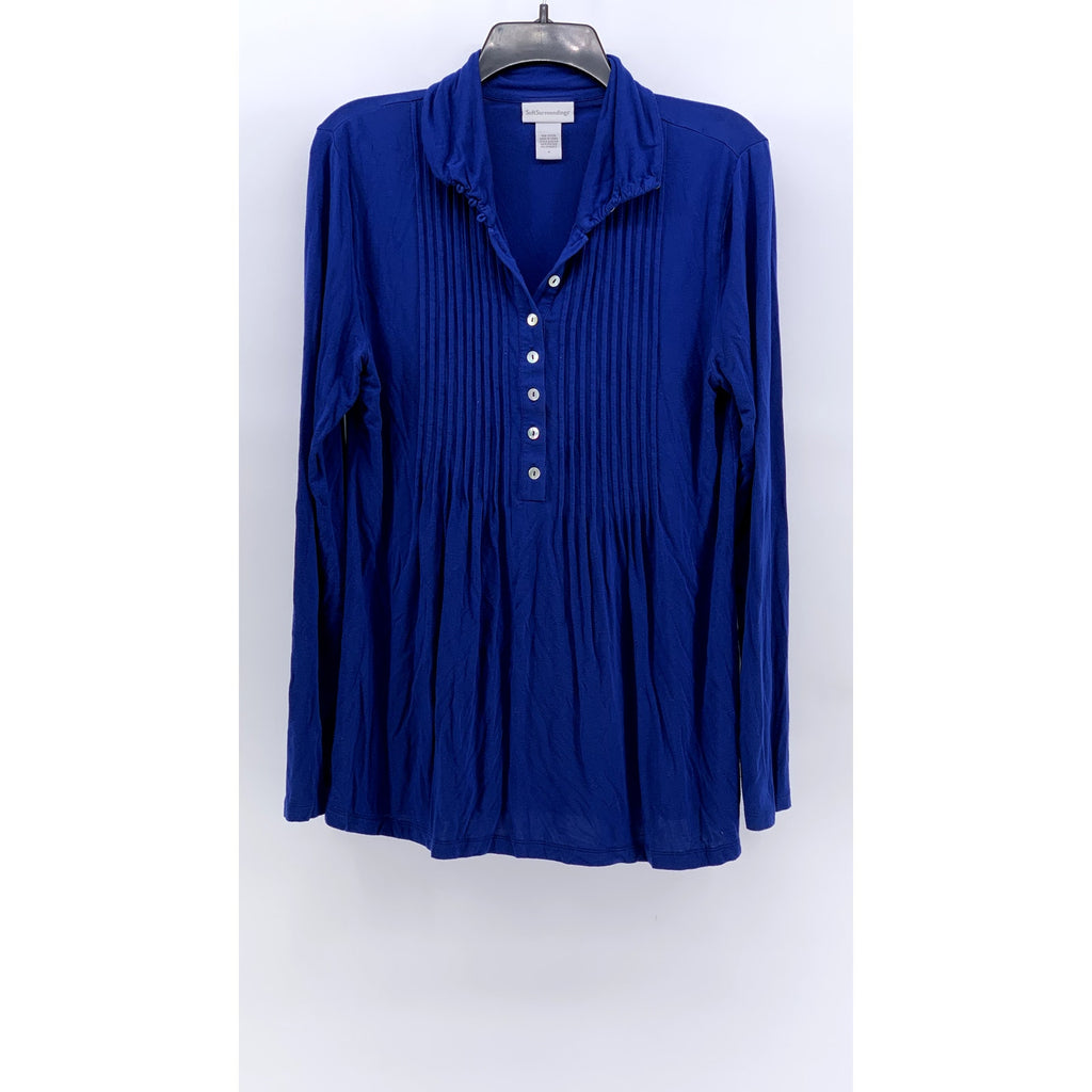 SOFT SURROUNDINGS Women's Royal Blue Pleated Long Sleeve Buttonp-Up Top SZ M