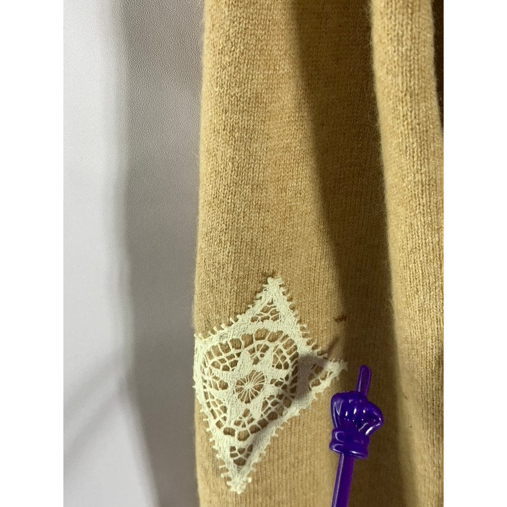 FLORAL AVE Women's Tan Cashmere Patch/Button Design Button-Up Cardigan SZ S