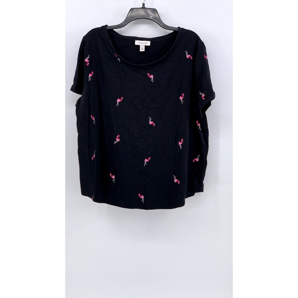 VINTAGE AMERICA Women's Black-Pink Embroidered Flamingo Top SZ XL