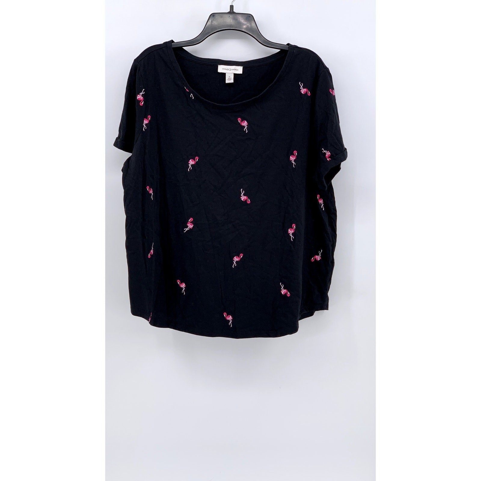 VINTAGE AMERICA Women's Black-Pink Embroidered Flamingo Top SZ XL