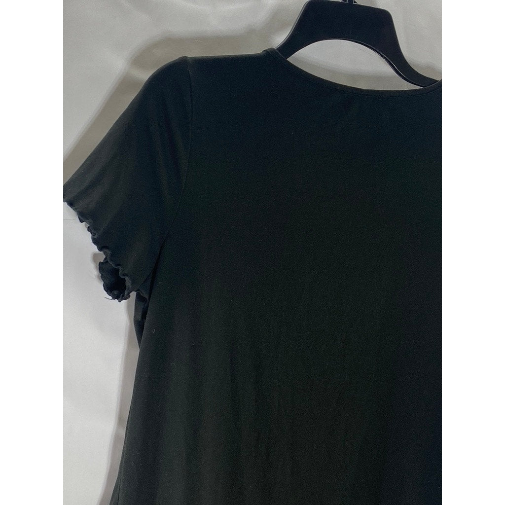 EKOUAER Women's Black Solid Scoop-Neck button-Up Short Sleeve Casual Dress L