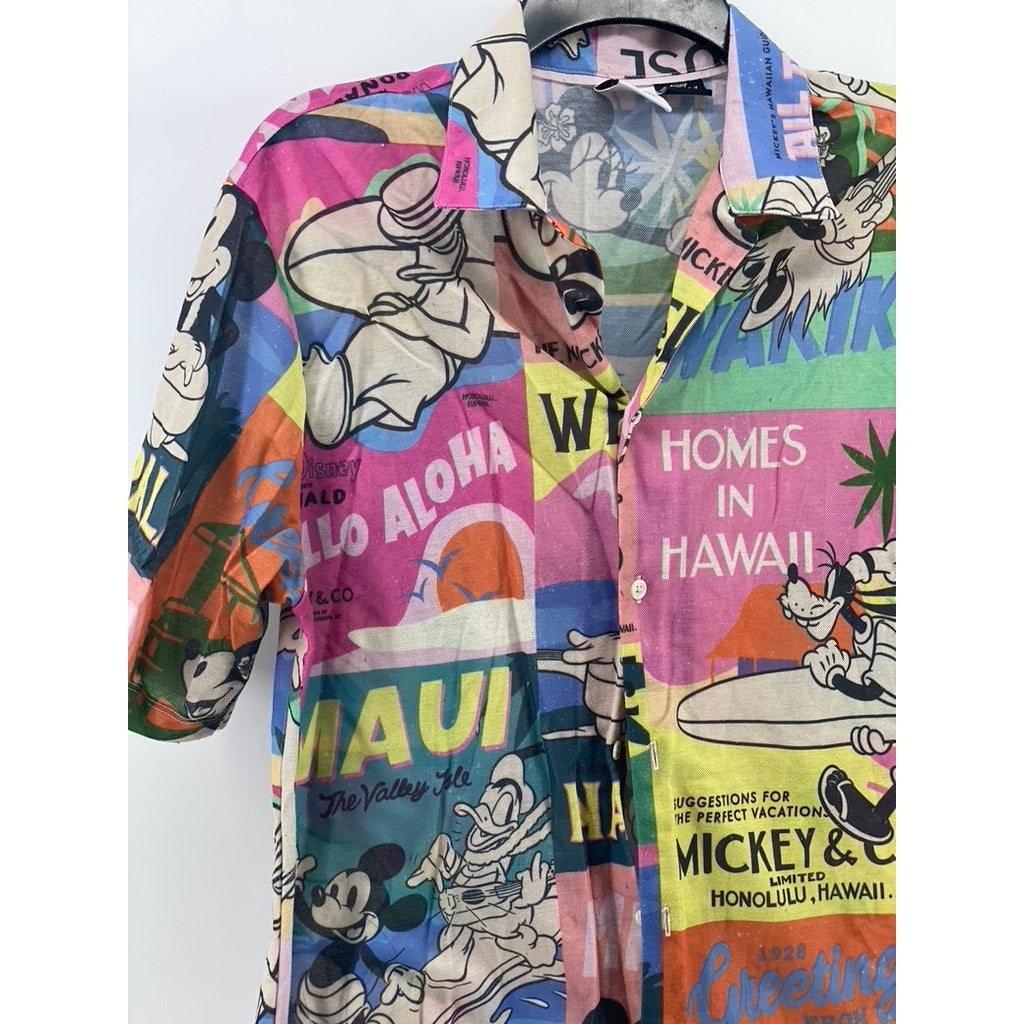 ZARA Men's Disney Mickey Mouse Comic Graphic Short Sleeve Button-Up Shirt SZ M
