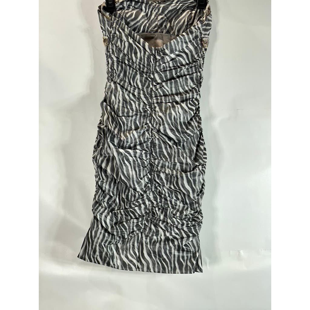 NICOLE BAKTI Vintage y2k Women's Strapless Bodycon Zebra Beaded Mini Dress SZ S