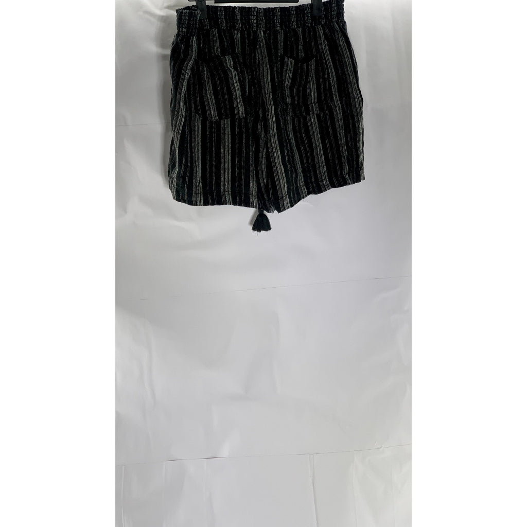 BRIGGS Women's Black-Gray Striped Elastic-Waist Linen Blend Shorts SZ L
