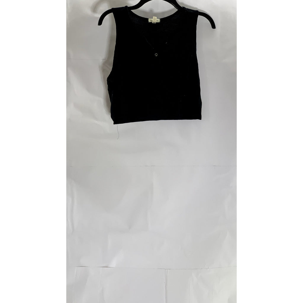SILENCE + NOISE Women's Black Ribbed Button-Front Keyhole Crop Top SZ S