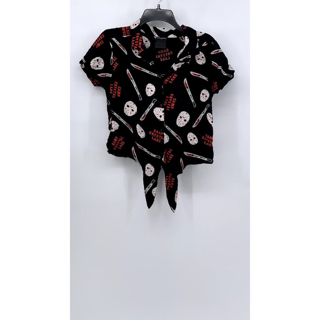 FRIDAY THE 13th Women's Black Jason Print Tie-Front Button-Up Top SZ S