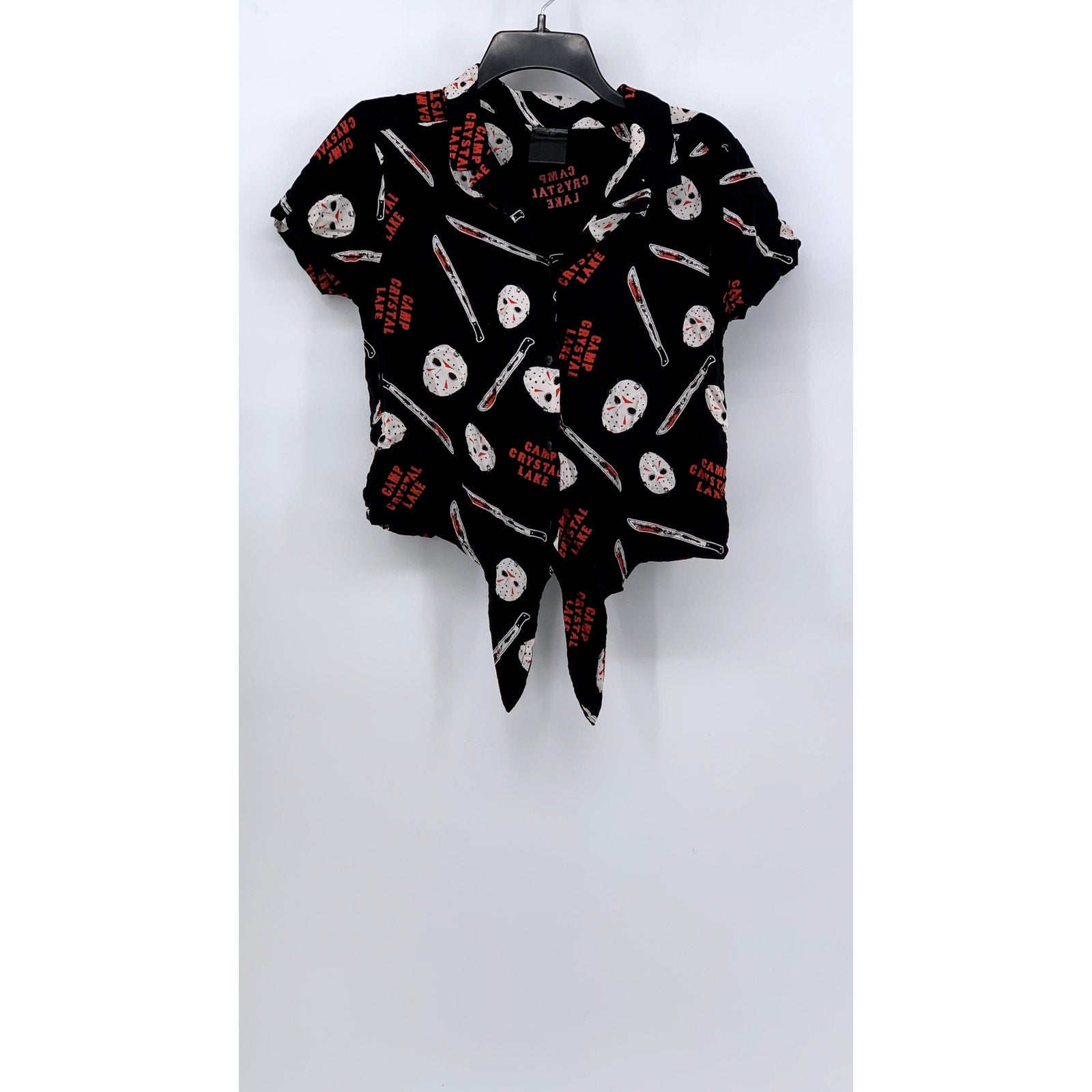 FRIDAY THE 13th Women's Black Jason Print Tie-Front Button-Up Top SZ S