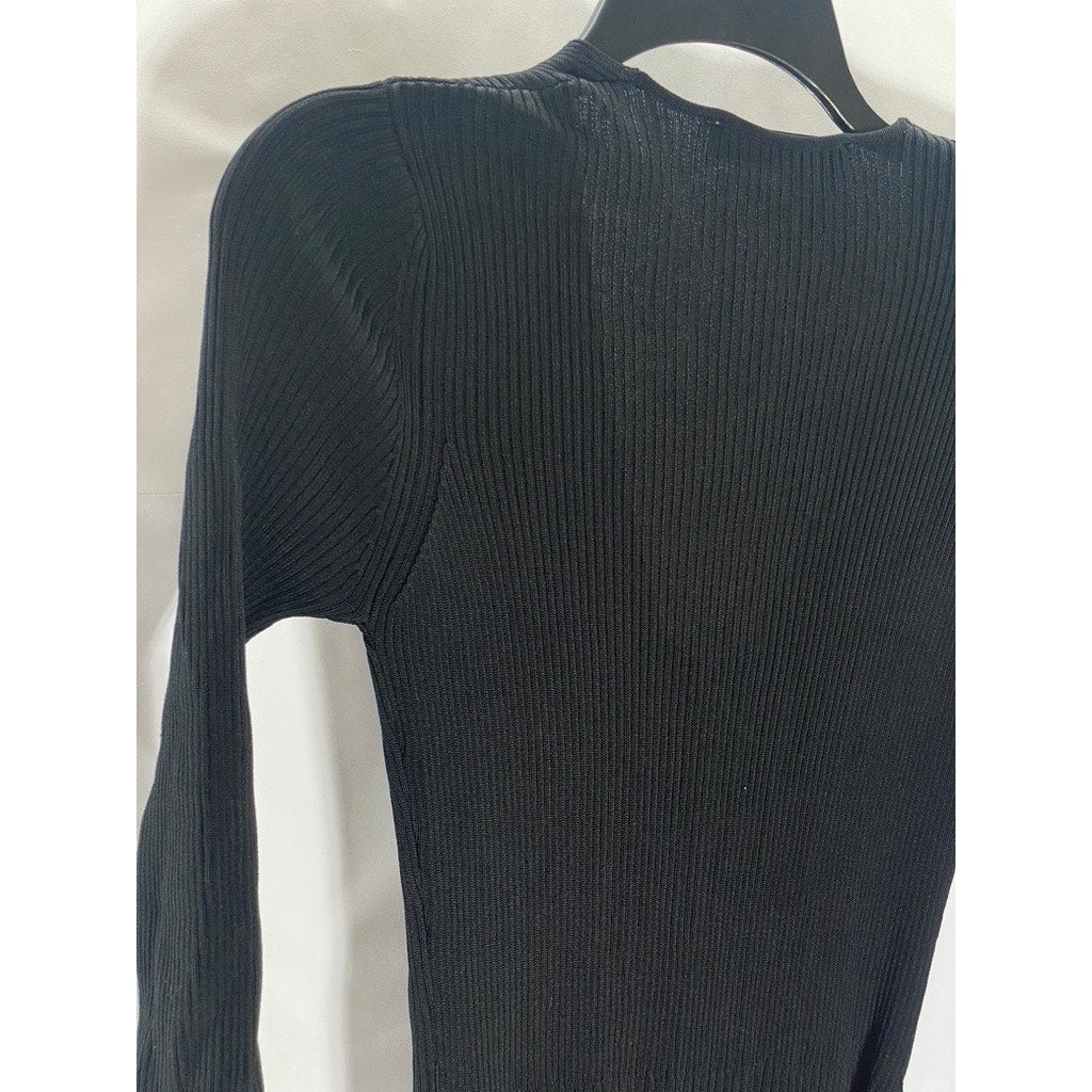 ZARA Women's Black Ribbed Flap Pocket Button-Down Belted Long Sleeve Dress SZ M