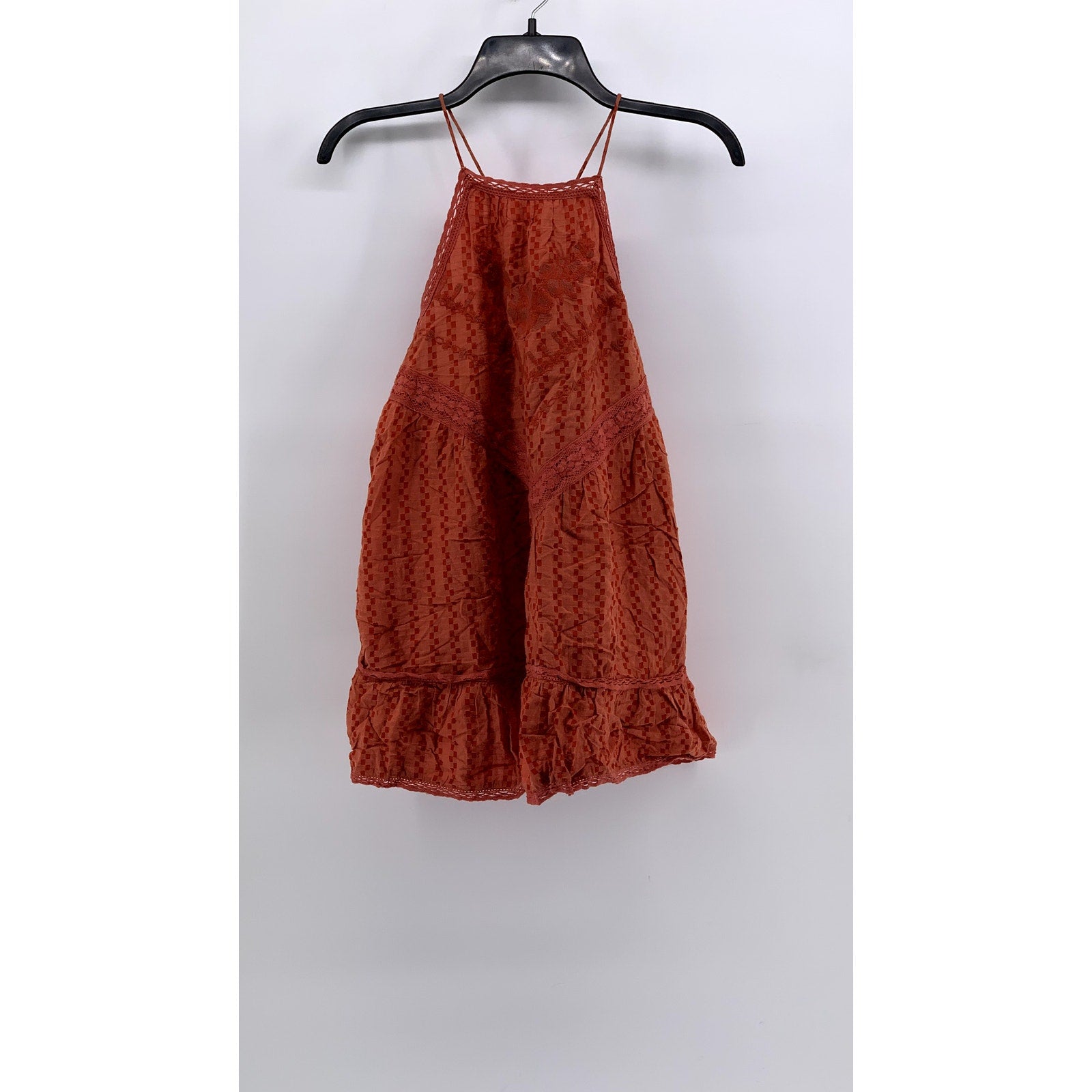 ATTIC SALT Women's Orange Square Print Embroidered Lace-Trim Sleeveless Top SZ S