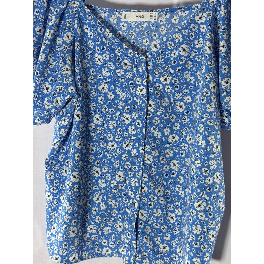 MANGO Women's Sky Blue Floral Print Puff Sleeve Button Front V-Neck Blouse SZ 4