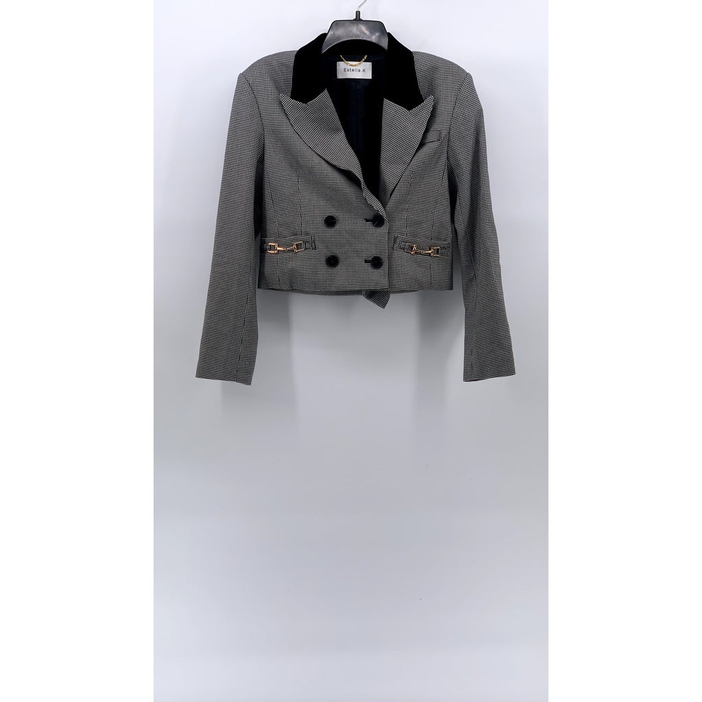 ESTELLA.K Women's Black-Gray Houndstooth Short Kaia Peak-Collar Blazer SZ OS