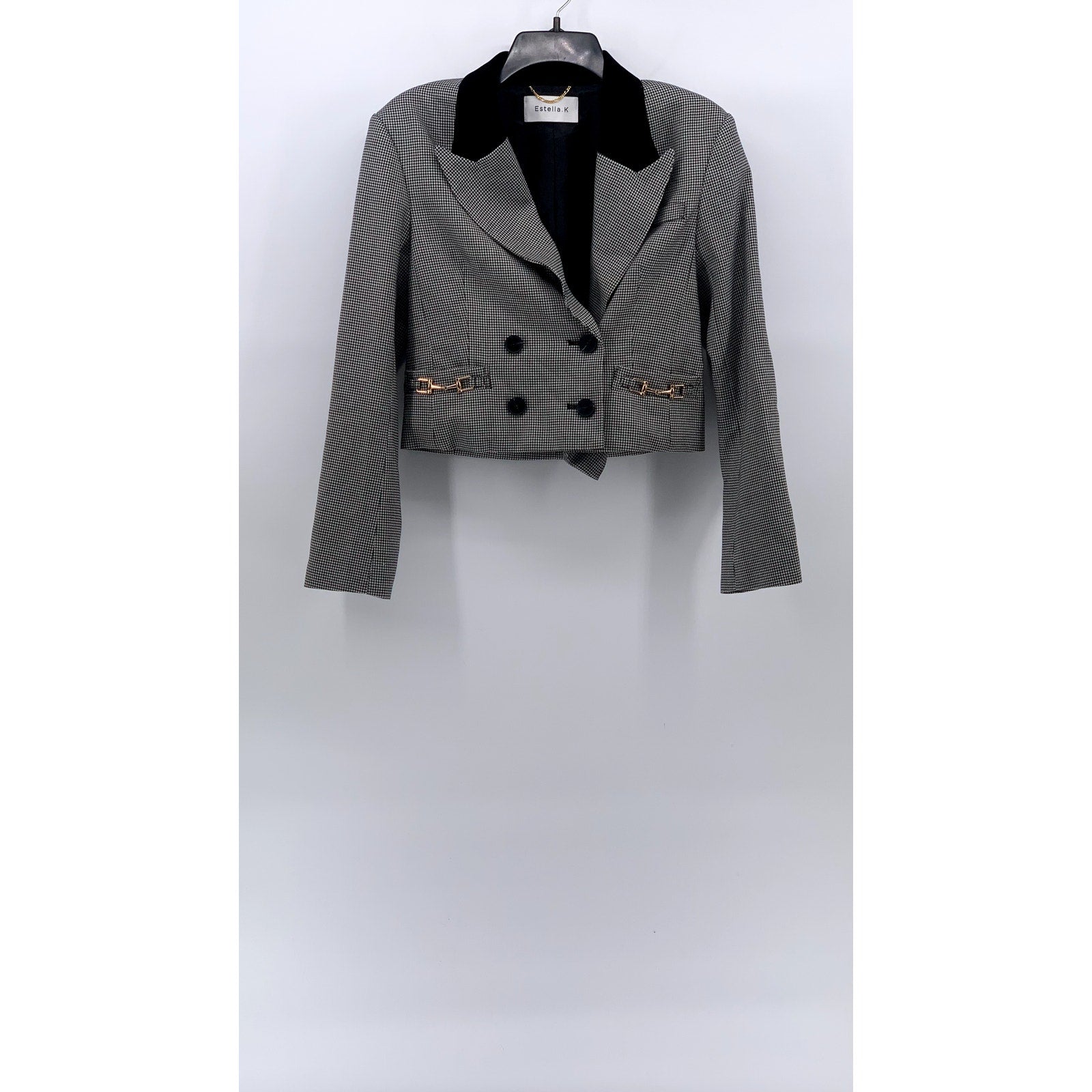 ESTELLA.K Women's Black-Gray Houndstooth Short Kaia Peak-Collar Blazer SZ OS
